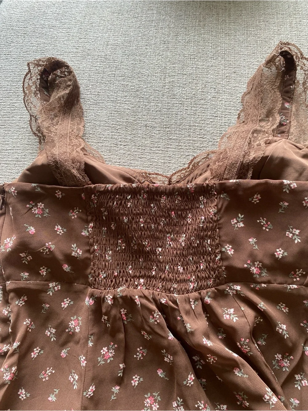 Abercrombie and Fitch Bra-Free Lace-Trim Button-Through Mini Dress —Brown Floral - Picture 7 of 9